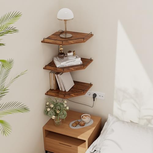 JJL Corner Shelf Wall Mounted, 12 Inches 3-Tier Floating Corner Shelf, Hexagon Rustic Wood Decor with Fence, Brown Stora
