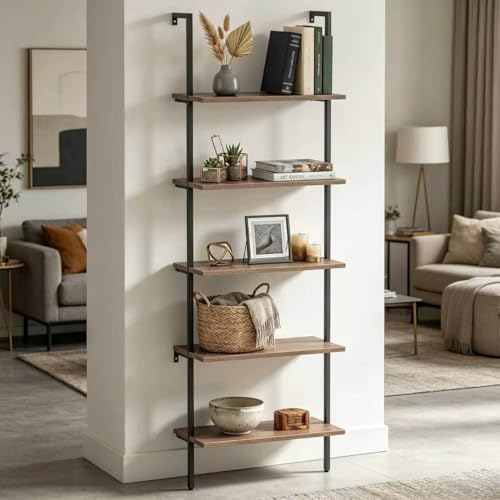 Wolawu 5 Tiers Ladder Shelf Brown Modern Bookshelf Open Tall Wall Mount Bookcase Standing Leaning Wall Shelves Industria