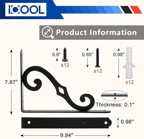 Decorative Shelf Bracket 10 Inch with Screws, Powder-Coated Steel, 6 Pack