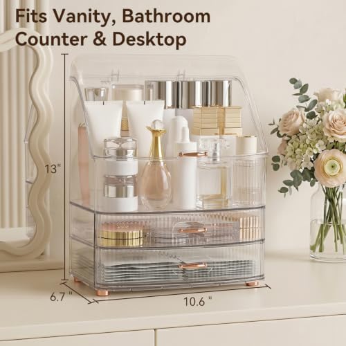 Makeup Organizer Countertop for Vanity with Lid and 2 Drawers, Clear White