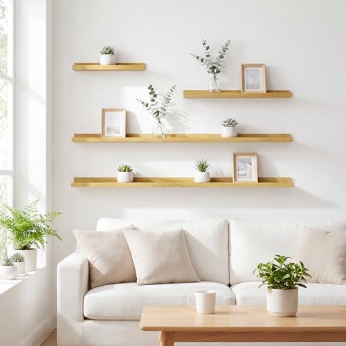 Acovy Floating Shelves Set of 6, 24 Inch Wall Mounted Picture Ledge Shelf with Lip, Oak Display Shelves for Living Room, Bedroom, Nursery, Bathroom & Kitchen