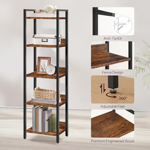 MAHANCRIS Bookshelf, 5-Tier Bookcase, Standing Book Shelf for Small Space, Storage Shelf Organizer, for Living Room, Bed
