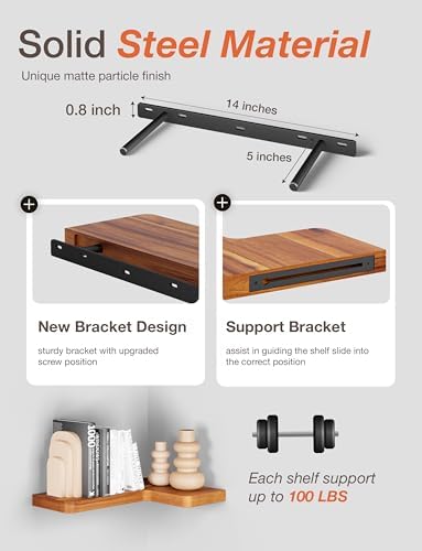BATODA Acacia Wood Corner Floating Shelves 17" x 12"– Corner Shelf Wall Mounted - Floating Book Shelves for Wall - Brack