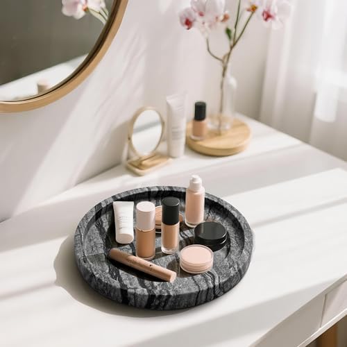 Natural Marble Vanity Tray for Bathroom Bedroom Kitchen Dresser, Round Decorative Trays for Jewelry, Perfume, Cosmetic, 