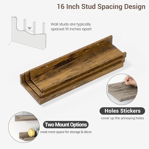 Axeman Picture Ledge Shelf, 16 Inch Brown Floating Shelves Set of 3