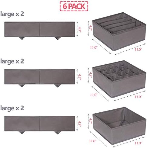 DIOMMELL 6 Pack Foldable Cloth Storage Box Closet Dresser Drawer Organizer Fabric Baskets Bins Containers Divider for Clothes Underwear Bras Socks Lingerie Clothing, M Grey 22-2000