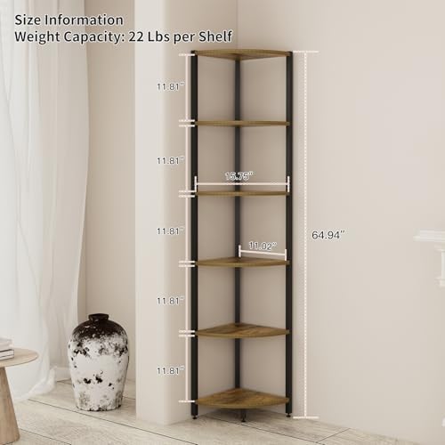 6-Tier Corner Shelf with LED Lights - 65" Tall Narrow Bookshelf, Standing Shelf with Storage Rack, Sturdy Metal Frame & 