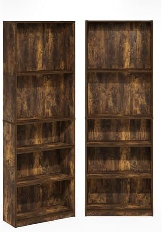 Furinno Jaya 5-Tier Book Shelf Set of 2, Adjustable Shelf, Amber Pine