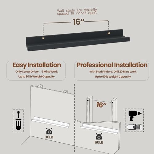 Heimlove Picture Ledge Shelf,24 inch Long Floating Shelves for Wall Set of 4,Black Picture Shelf with Lip for Wall Decor