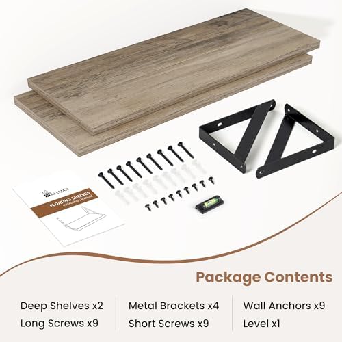 Axeman 20 Inch Floating Shelves, 8 Inch Deep Grey Wall Shelves Set of 2