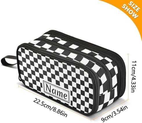 Custom Black White Checkered Pattern Pencil Case Box Boys Girls Personalized Name Large Pencil Pouch Stationery Pen Bag Organizer for Kids Adults School