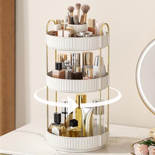 360° Rotating Makeup Organizer, Upgraded 3 Tier Skincare Perfume Organizers for Women, Bathroom Organizer Countertop, Cl