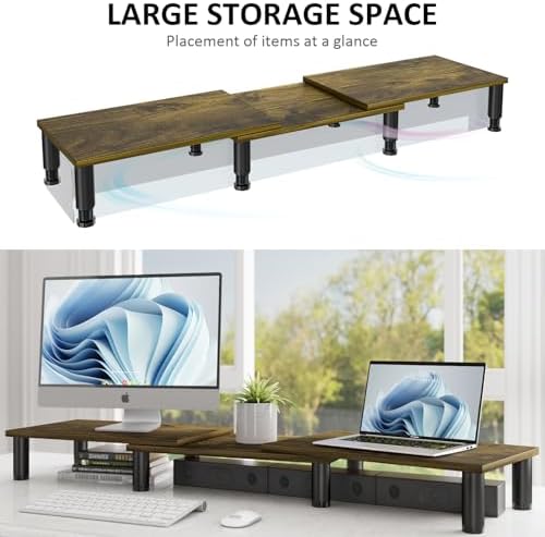 AX WABER Dual Monitor Stand Riser, Monitor Stand with Adjustable Length and Angle, Wood Monitor Stand for Desk, Monitor 