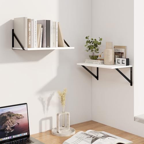 Heimlove White Deep Floating Shelves for Wall, 16W x 8D Wood Wall Shelves Set of 2, Wide Floating Bookshelf for Living R