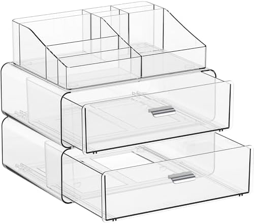 Yieach 3 Tier Clear Acrylic Makeup Organizers with Drawers,Tiered Countertop Make up Storage Organizer for Dresser Top a