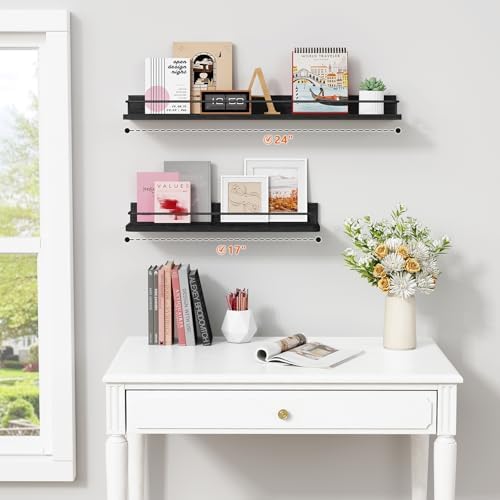 Forbena 24 Inch Wall Shelves for Bedroom 3-Pack, Black Floating Shelves with Rail, Vintage Large Floating Book Shelves f