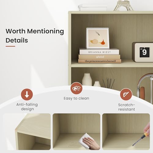 Wood Standing Book Shelf, Three Tier Open Shelf Bookcase, Wide Bookshelf for Living Room, Office, Bedroom, Milky White