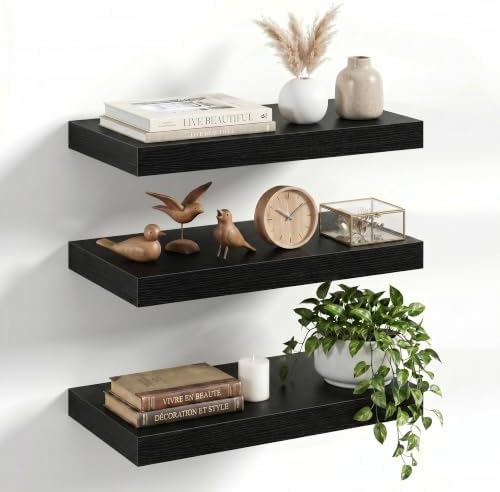 16" Floating Shelves for Wall, Set of 3, 8" Deep, 1.5" Thick, Black