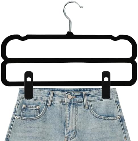 WJWSKI Velvet Pants Hangers with Double Non Slip Bar - with Adjustable Clips- Thin Space Saving Clothes Hanger - 360° Swivel Felt Trouser Hanger Perchas Terciopelo 10 Pack (Black)