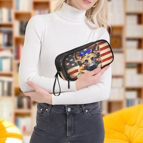 Custom Dog German Shepherd Flag Pencil Case Box Boys Girls Personalized Name Large Pencil Pouch Stationery Pen Bag Organizer for Kids Adults School Office