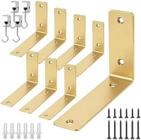L Floating Shelf Brackets,8 Pack Heavy Duty L Brackets for Shelves, L 6" X H 4" Gold Metal Countertop Support Brackets,W