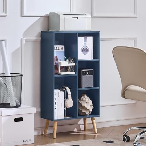LEYAOYAO 5 Cube Bookshelf,Mid-Century Modern Book Shelf with Legs,Dark Blue