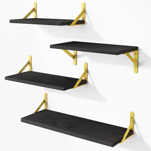 YGEOMER 4 Different Sizes Floating Shelves for Wall Decor, Black and Gold