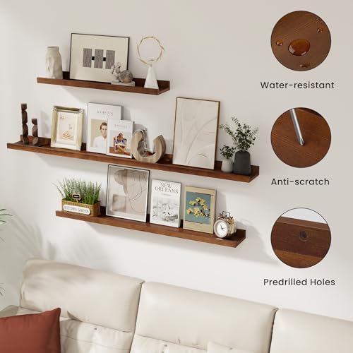 Acovy Solid Ash Wood Picture Ledge Shelf, 56 Inch, Walnut, Set of 2