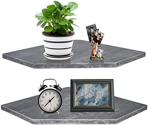 Homode Corner Shelf Wall Mount, Set of 2 Corner Floating Shelves with Cord Hole for TV, Cable Box, Wood Hanging Storage 