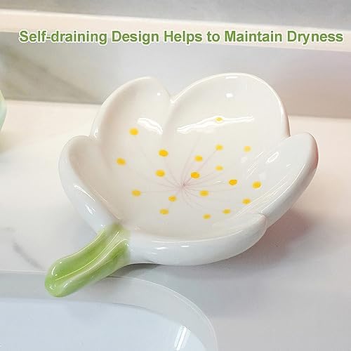 Self-Draining Soap Dish Flower Shaped Cute Shower Soap Container for Kitchen, Bathroom, Bedroom, Tulip, White