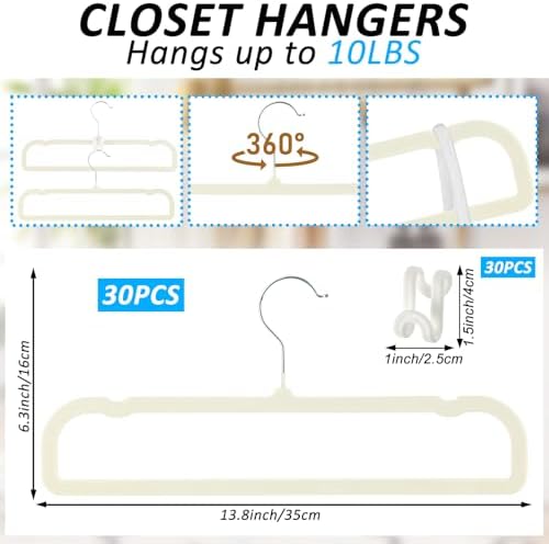 Pants Hangers Non Slip, 30 Pack Velvet Hanger for Closet with 30 Hooks, Strong Durable Space Saving Slim Pants Hanger, Ultra Thin & Space Saving Flocked Hangers for Pants/Shirts/Shorts/Bra (Cream)