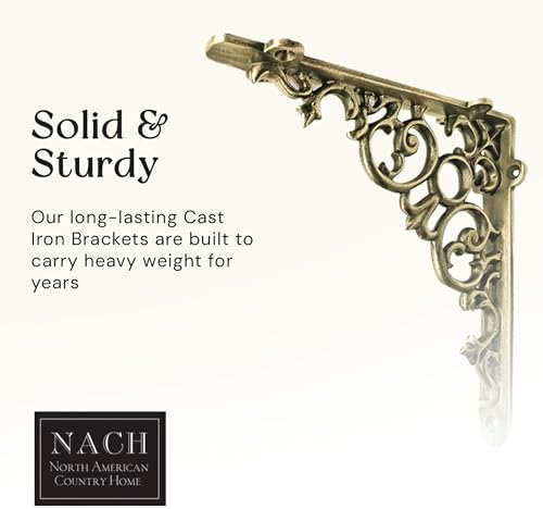 NACH Decorative Shelf Brackets, 2 Pack of 12 x 2 x 12 inch, Cast Iron, Brass Finish Shelf Support Bracket - Metal Shelf 