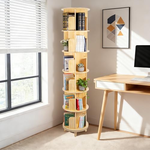 6 Tier Rotating Bookshelf Tower,Solid Wood Bookshelf with Legs,Round Revolving Bookcase for Small Spaces,Spinning Booksh