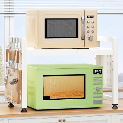 Expandable Microwave Stand, 2-Tier Adjustable Microwave Oven Rack with 10 Hooks & 2 Holders, Heavy Duty Carbon Steel Mic