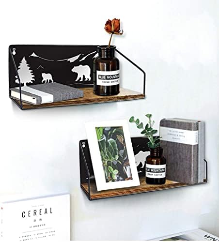 Giftgarden Floating Shelves for Wall with Unique Adorable Bears Cutouts, Rustic Wooden Iron Wall Shelf Bear Decor for Bathroom Cabin Lodge Bedroom Kitchen Living Room Nursery, Black, Set of 2