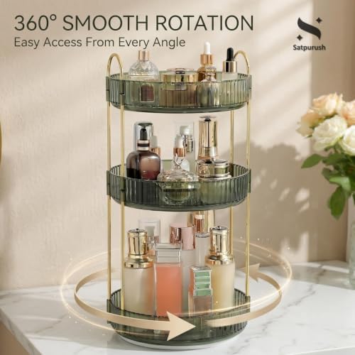 360° Rotating Makeup Organizer, 3 Tier Spinning Cosmetic Organizer for Vanity & Bathroom Countertop, Holds Tall Skincare