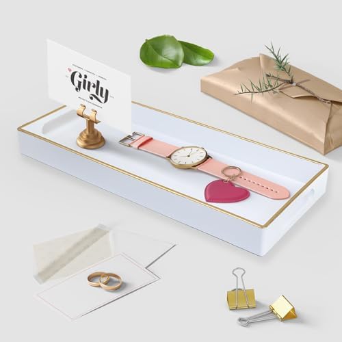 White Bathroom Vanity Tray for Countertop, Small Plastic Toilet Tank Versatile Storage & Organization Tray for Makeup, P