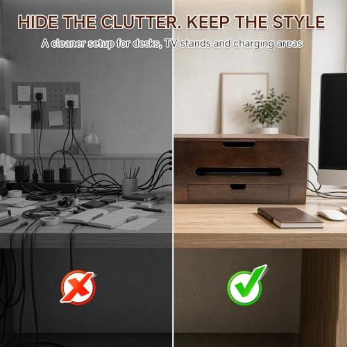 Cable Management Box with Storage Drawer, Wooden Cord Organizer Box