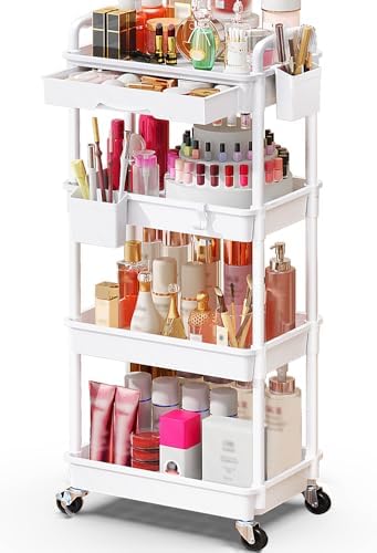 SUNALLY Makeup Cart Organizer with Drawer,4 Tier Rolling Makeup Cart, White