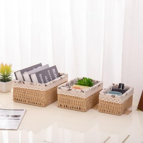 Wicker Woven Baskets With Liner, 3Packs Small Square Decorative Shelf Basket For Home Storage And Organizing (natural be