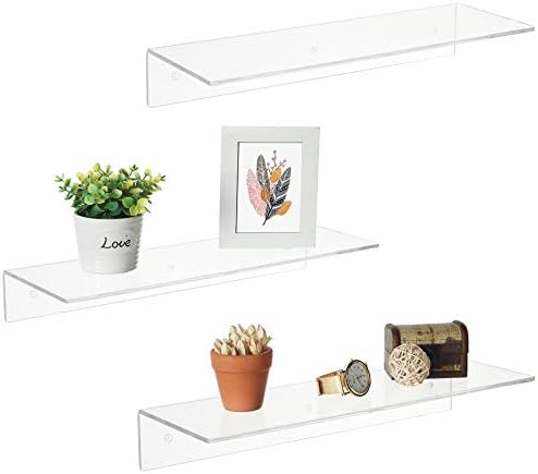 MyGift 17-Inch Clear Acrylic Floating Shelves - Wall Mounted Modern Crystal Display Shelf Racks, Set of 3