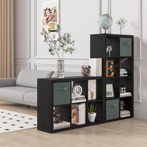 furtble Bookshelf with Storage Bin, 6-Cube Storage Organizer, Modern Wood Open Bookcase, Multifunctional Display Shelf f