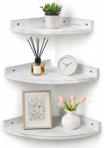 Corner Shelves for Wall, Distressed White Shelves with Cord Hole