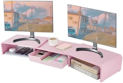 LEKETREE Dual Monitor Stand Riser with Drawer, Desk Organizer and Accessories, Pink Monitor Stand for Desk, Desktop Stan