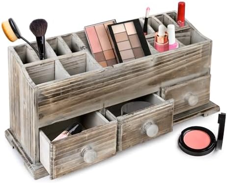 Besti Rustic Vanity Organizer for Cosmetics, Makeup, and Bathroom Accessories, Wooden Farmhouse Storage Box with 3 Drawe