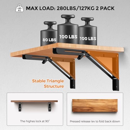 JOY DECOR Matte Black Folding Shelf Brackets, 18 Inch, 2 Pack