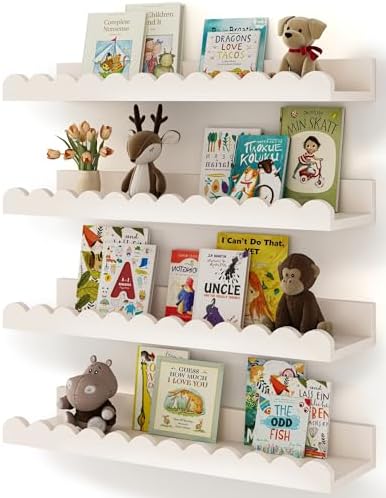 Shario Nursery Book Shelves, 4-Pack White Floating Shelves for Wall Kids, Scalloped Shelves, Wall Book Shelves for Bedro