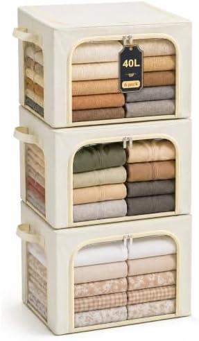 GoMaihe Clothes Storage Bins with Metal Frame for Closet, 40L 3-Pack Beige