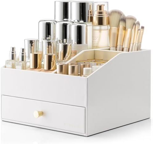 VLANDO 2-Layer Makeup Organizer Countertop with Drawers for Vanity,White