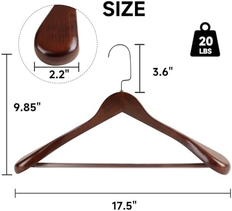 Wooden Suit Hangers with Non Slip Pants Bar, Walnut, 2-Pack, 17.5"